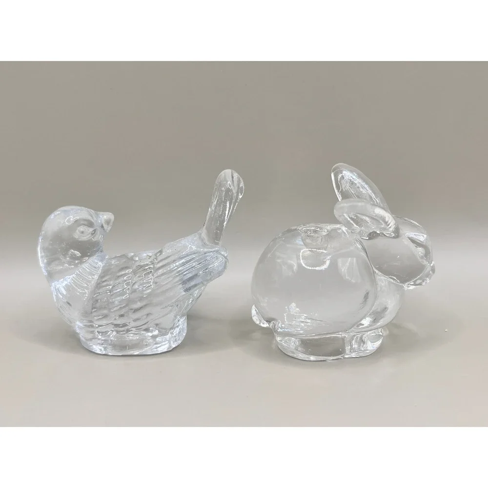 Set of 2 Clear Art Glass Small Taper‎ Candlestick Holders - Rabbit & Bird 2.25